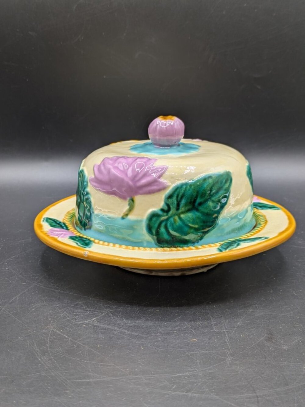 Art Studio Ceramic Round Covered Butter Cheese Dish Yellow Lavander Lotus Floral
